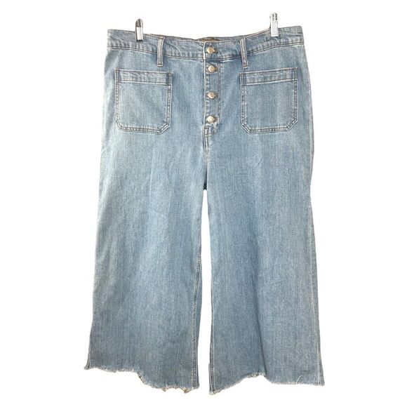 J Crew Point Sur Wide Leg Crop Clean Light Wash Stretch Raw Hem Patch Pocket - Picture 4 of 13